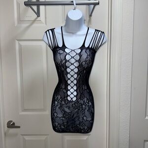 🖤 Black Lace & Fishnet Cutout Mini Dress – One Size (New) Festival Ready
